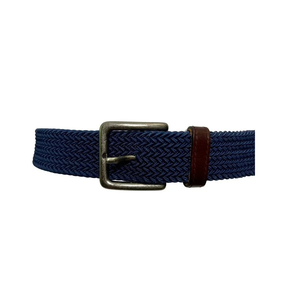 Mens Navy Blue Woven Elastic Stretch Belt Leather Trim Silver Buckle L 45 Inch